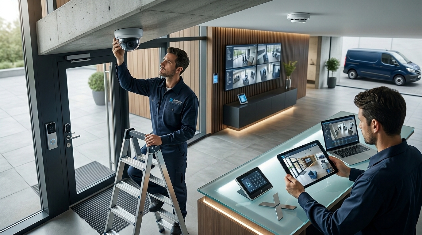 Técnicos instalando câmera de segurança no Rio de Janeiro – Conexão Serviços